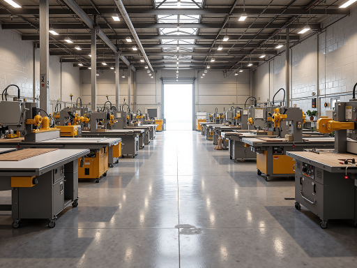 现代化家具生产车间,工人正在操作精密设备制作定制家具,光线明亮,环境整洁